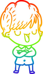 rainbow gradient line drawing of a cartoon woman talking