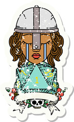 Retro Tattoo Style crying human fighter with natural one D20 dice