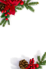 Christmas decoration. Flower of red poinsettia, branch christmas tree, red berries, pine cone on white background with space for text. Top view, flat lay
