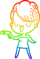 rainbow gradient line drawing of a cute cartoon girl with hipster haircut
