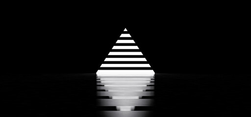 A luminous pyramid consisting of horizontal stripes stands on a glossy floor in a dark space. The luminous triangle is reflected in the glossy floor. Neon pyramid. 3D Render.