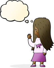 cartoon girl with pony shirt waving with thought bubble