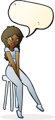 cartoon pretty girl on stool with speech bubble