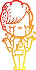warm gradient line drawing of a cartoon crying girl wearing space clothes