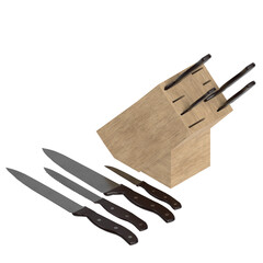 3d rendering illustration of some kitchen knives with a wooden stand