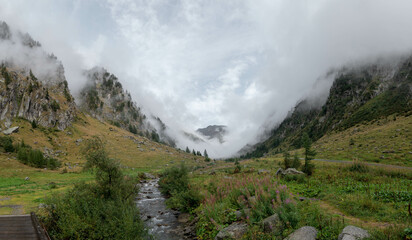 wooded mountain slope in swiss alps with fog and clouds in the morning. Seen in the Swiss Alpine...