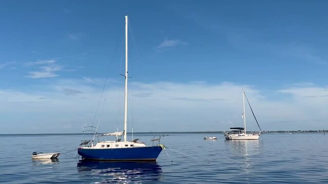 Blue sailboat riding under azure sky in Charlotte Harbor, Punta Gorda, FL