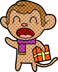shouting cartoon monkey carrying christmas gift