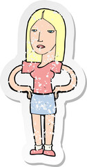 retro distressed sticker of a cartoon woman with hands on hips