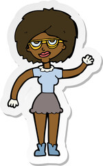 sticker of a cartoon waving woman wearing spectacles