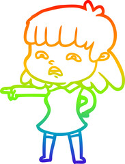 rainbow gradient line drawing of a cartoon worried woman