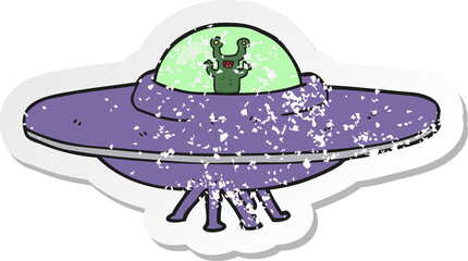 retro distressed sticker of a cartoon alien spaceship