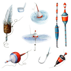  Set of Fishing Bobber is drawn on a white bright background and different patterns of floats - obrazy, fototapety, plakaty