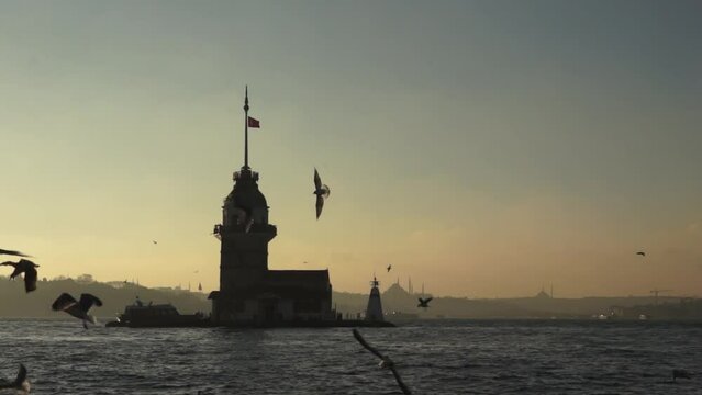 Istanbul Maiden Tower in view.  landmarks as Blue Mosque and Topkapi Palace