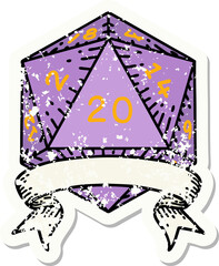 grunge sticker of a natural 20 critical hit D20 dice roll