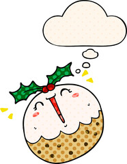 cute cartoon christmas pudding with thought bubble in comic book style