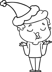 hand drawn line drawing of a man talking and shrugging shoulders wearing santa hat