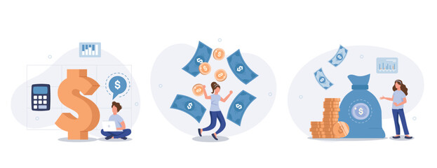 Passive income illustration set. Characters enjoying financial freedom and independence. Successfully and free of debts people planning budget. Vector illustration.