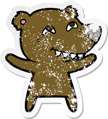 distressed sticker of a cartoon bear showing teeth