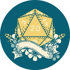 Retro Tattoo Style natural twenty D20 dice roll