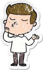 distressed sticker of a cartoon model guy pouting