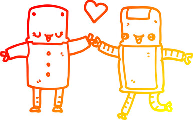 warm gradient line drawing of a cartoon robots in love