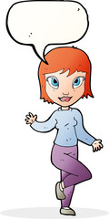cartoon pretty woman waving with speech bubble