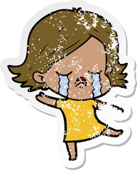 distressed sticker of a cartoon girl crying