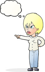 cartoon woman accusing with thought bubble