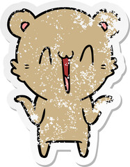 distressed sticker of a happy bear cartoon