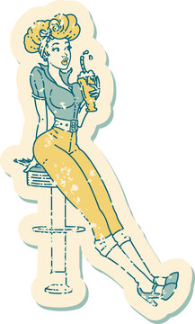 distressed sticker tattoo in traditional style of a pinup girl drinking a milkshake