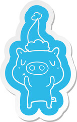 quirky cartoon  sticker of a content pig wearing santa hat