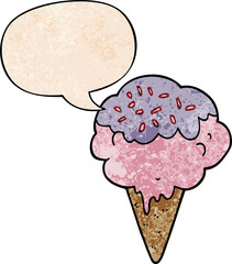 cartoon ice cream with speech bubble in retro texture style