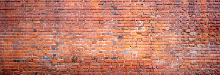 Mur z czerwonej cegły, zdjęcie w układzie panoramicznym, panorama, tekstura - obrazy, fototapety, plakaty