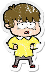 distressed sticker of a cartoon exhausted boy
