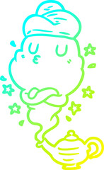 cold gradient line drawing of a cute genie rising out of lamp