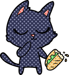 calm cartoon cat considering sharing a baguette