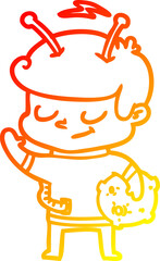 warm gradient line drawing of a friendly cartoon spaceman holding meteor