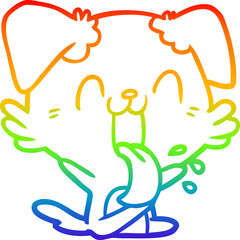 rainbow gradient line drawing of a cartoon panting dog sitting