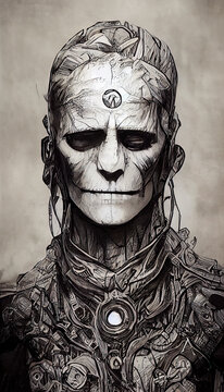 frankenstein, monster face with lost look and skull in pieces, halloween image