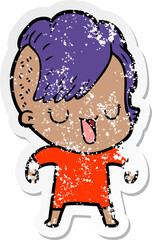 distressed sticker of a cute cartoon girl with hipster haircut