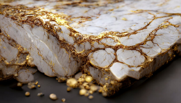 Stone, liquid gold threads on a piece of white marble, concept image of elegance and jewelry. elegant creative background for jewelry