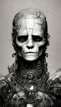 scifi cyborg robotic head, robot skull with engineering and mechanical parts, future image