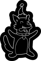 quirky cartoon icon of a happy dog wearing santa hat