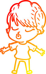 warm gradient line drawing of a cartoon woman with eyes shut