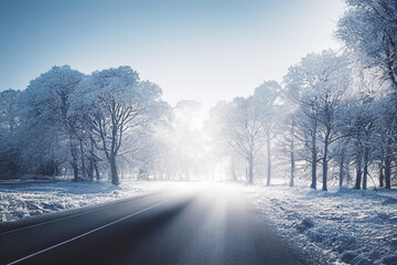 Winter landscape with road and snow-covered trees, 3d illustration.