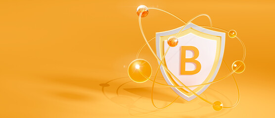 vitamin b, the letter b on the shield and flying atoms. wide format, 3d rendering with copy space on orange background © Сергей Шиманович