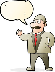 cartoon sensible business man in bowler hat with speech bubble