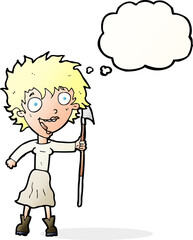 cartoon crazy woman with spear with thought bubble