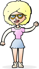 cartoon waving woman wearing spectacles